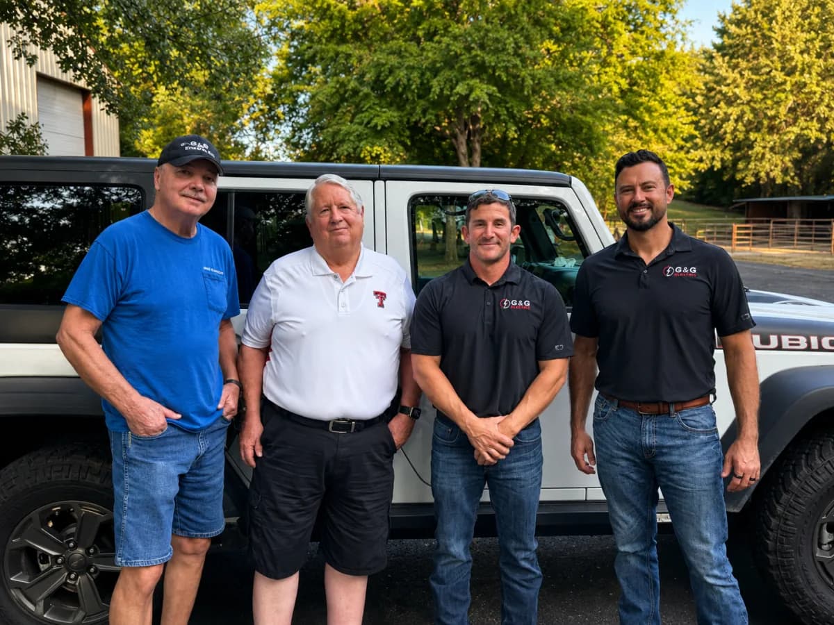 Danny Garrett, Terry Taylor, Nolan Cornelius and Dirk van Reenen standing side by side in front of a white G&G Electric truck