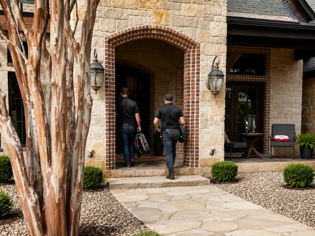 Electricians in G&G Electric uniforms arriving at a customer's home