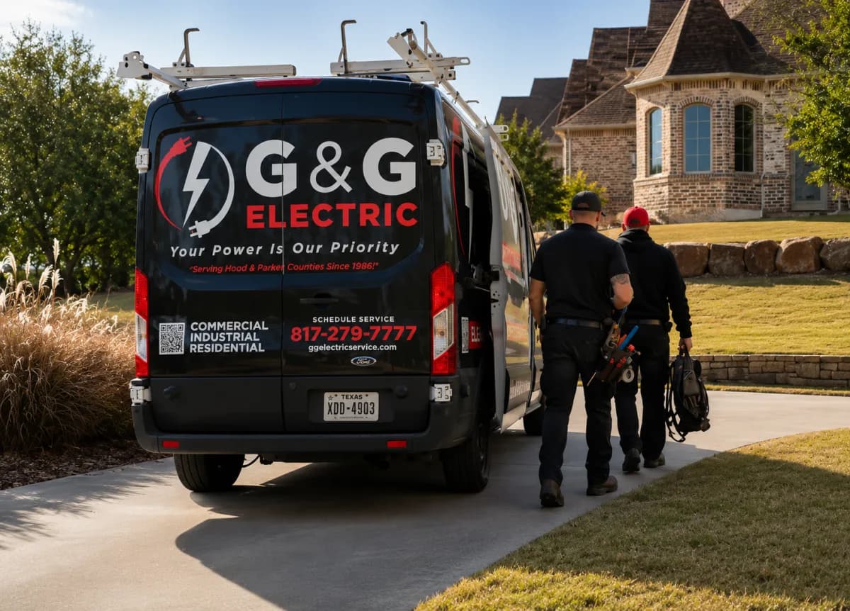 Two G&G Electric electricians beside their service van outside a home
