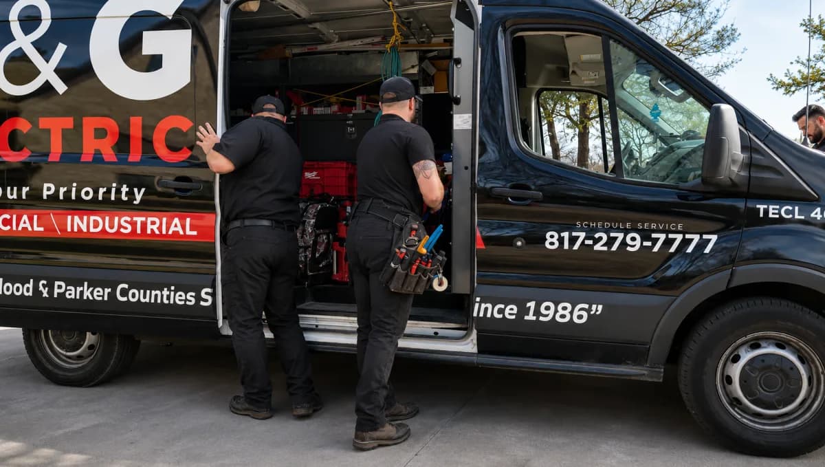 Two electricians in G&G Electric uniforms getting tools from their service van