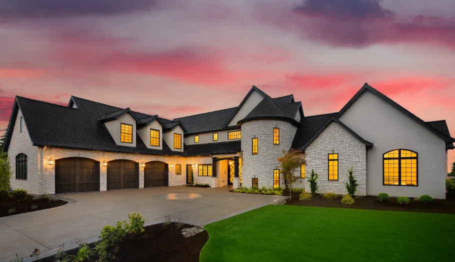 Custom home exterior at dusk