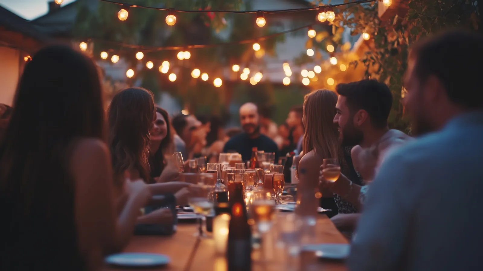 Outdoor string lighting over a backyard patio dinner